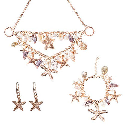 PH PandaHall Mermaid Jewelry Accessories for Women, Gold Starfish Necklace Bracelet Boho Seashell Jewelries Ocean Beach Bib Statement Necklace Earrings for Summer Cosplay Holiday - color: Gold Bracelet & Necklace & Earrrings + Gift Box