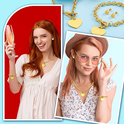 3 Pcs Heart Bow Snow Jewelry Set | Heart Necklace with Bracelet Earring, Snow Jewelry Set for Women, Bow Charms Toggle Gifts - color: Gold, style: Stainless Steel Heart
