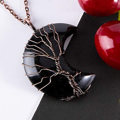 Bivei Life Tree Crescent Moon Necklaces for Women | Copper Wire Wrap Gemstones Pendant Crystals and Natural Stones Necklace Witch Jewellery Christmas Valentine's Day for Friends - color: Black - Black Agate, style: Pack of 1
