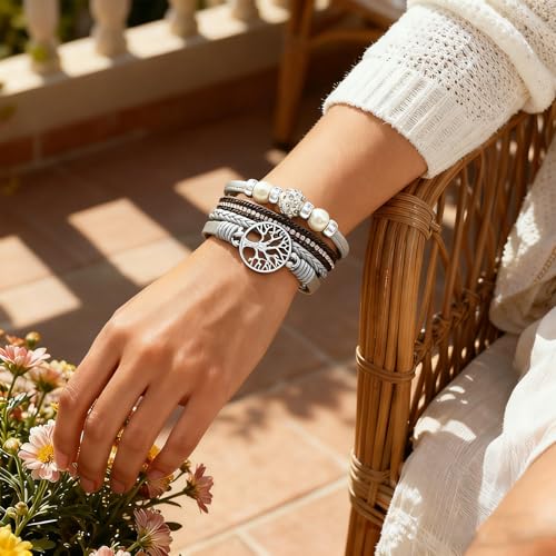 Leather Wrap Bracelets for Women, Boho Leopard Multi-Layer Crystal Beads Cuff Jewelry - color: J-Warp-046