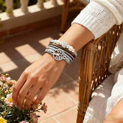 Leather Wrap Bracelets for Women, Boho Leopard Multi-Layer Crystal Beads Cuff Jewelry - color: J-Warp-046