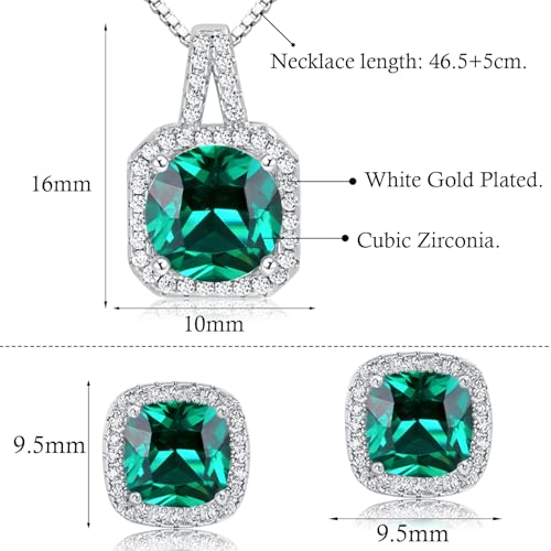 Cubic Zirconia Necklace and Earrings Set for Women 14K White Gold Plated Bridesmaid Silver Jewelry Set for Women Pendant Necklace Hypoallergenic Stud Earrings Set Jewellery Gift for Mom Wife Bride Bridesmaid - color: Green-Square Shape