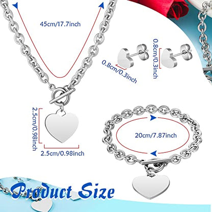 3 Pcs Heart Bow Snow Jewelry Set | Heart Necklace with Bracelet Earring, Snow Jewelry Set for Women, Bow Charms Toggle Gifts - color: Silver, style: Stainless Steel Heart