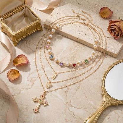 Gold Cross Layered Necklaces for Women,Colorful Crystal Drop Necklace,Gold Cross Pendant Necklace Stack,Fashion Long Tassel Chest Chain Jewelry Layered Rhinestone Neck Chain Accessories - color: Gold-3
