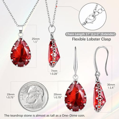 Linawe Crystal Jewelry Sets for Women, Imitation Diamond Pendant Necklace, Rhinestone Drop Dangle Earrings, Birthstone Cubic Zirconia Matching Wedding Jewelry, 14K Gold/Rose Gold/Silver Tones - color: Silver,Ruby,July