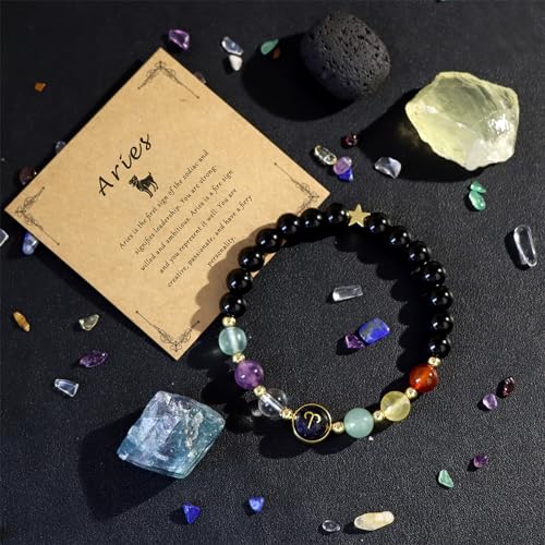 Zodiac Bracelets for Women 12 Constellations Healing Crystal Stone Beads Bracelet Birthday Zodiac Gifts Horoscope Spiritual Bracelet - color: Aries