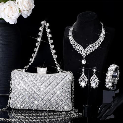 Quelay 4 Pcs Purse Rhinestone Jewelry Set Women | Wedding Bridal Prom Jewelry Sparkly Clutch Handbag with Necklace Bracelet Dangle Earrings Shiny Costume Kit - color: Silver, style: Luxurious