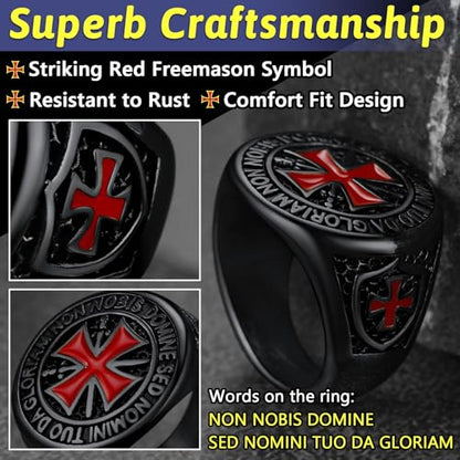 FaithHeart Mens Stainless Steel Crusader Jerusalem Cross Ring with 18K Gold Plated Two Tone Ring Size 7,8,9,10,11,12 - color: 02. Crusader Cross-Black