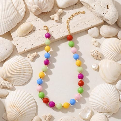 HESSAWEEL Colorful Chunky Beaded Necklace for Women Beach Jewelry | Summer Statement Choker, Adjustable Lobster Necklace, Handmade Boho Acrylic Jewelry - color: Mixed