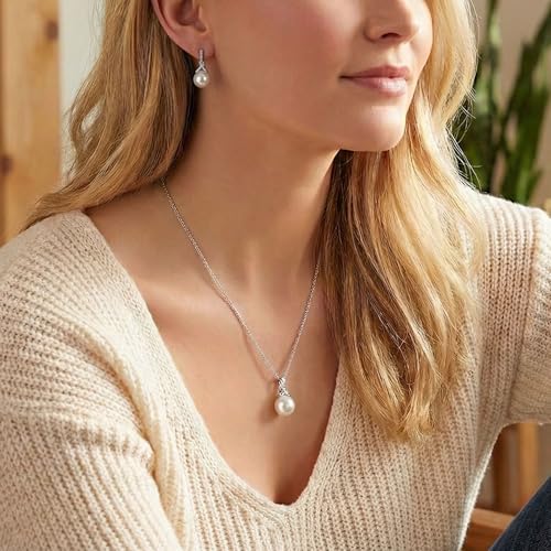 Mariell Pearl Drop Bridal Necklace Earrings Set with CZ Crystals for Bride, Bridesmaid, Birthday Gift - color: Silver Necklace Earrings Set