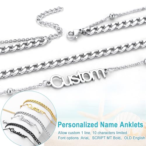 U7 Custom Layered Ankle Bracelets for Women Stainless Steel Bead/Cuban/Figaro/Rope/Wheat Chain Anklet Waterproof Anklet Jewelry for Beach Vacation - color: b-Silver-Cuban Chain