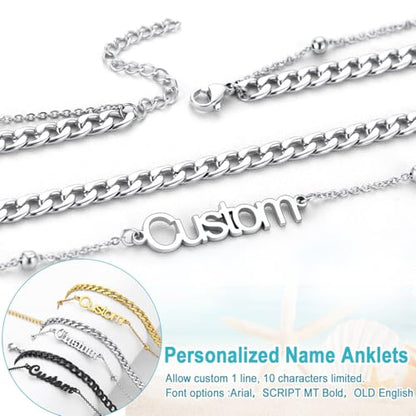 U7 Custom Layered Ankle Bracelets for Women Stainless Steel Bead/Cuban/Figaro/Rope/Wheat Chain Anklet Waterproof Anklet Jewelry for Beach Vacation - color: b-Silver-Cuban Chain