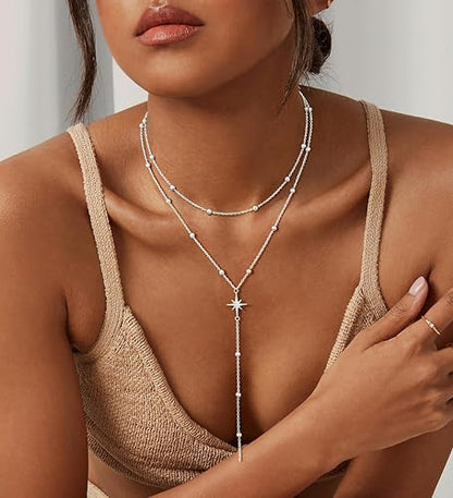 14K Gold Plated Layered Lariat Necklace for Women - Waterproof Non-Tarnish Dainty Gold Chain Necklace, Long Boho Statement Jewelry for Wedding, Prom, Summer Vacation Gifts - color: Layered Beads Y Necklace-Silver