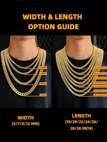 Bestyle Thick Stainless Steel Mens Cuban Link Chain, Black/Gold Chain for Men, No Tarnish & Durable Men Chain Necklace, 5/7/9/12mm Wide, 18"-30" Long, Gift Package - style: b. 5mm-Gold