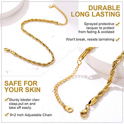 Adjustbale Link Chain Anklet for Women Summer Jewelry, 316L Stainless Steel Figaro/Wheat/Twist Rope/Cuban Foot Bracelet-Waterproof, Resizable 9"-12" (Gift Box Included) - color: 1, Rope - Gold