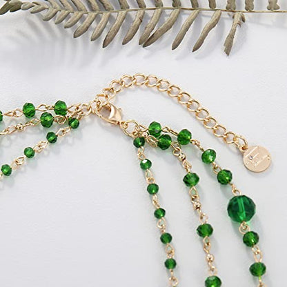 Firstmeet Long Chain Multi Layer Fashion Glass Beads Handmade Necklace for Women - color: Emerald Green