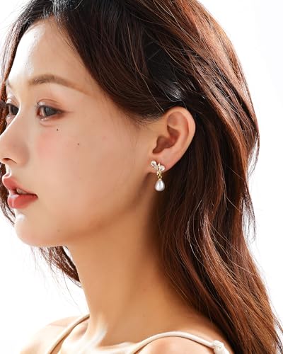 Pearl Earrings for Women, 14k Gold Plated Trendy Diamond Pearl Drop Earrings Bridal Shower Gifts Wedding jewelry for Women - color: Style J Gold