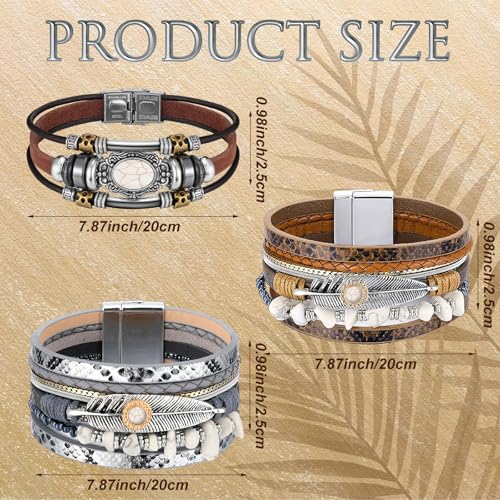 Inbagi 3 Pcs Western Turquoise Jewelry for Women Native American Jewelry White Turquoise Bracelet Bohemian Multi Layer Faux Leather Cowgirl Bracelet for Girls Women Silver Cuff Bangle - style: Gentle