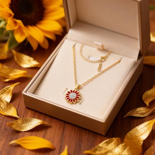 Sunflower Fidget Necklace for Women Gold Moon Necklace Rotating Heart Necklaces Spinning Crystal Flower Anxiety Necklaces Crescent Moons Jewelry Accessories - color: Gold Red
