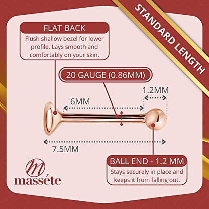 Massete 18k 14k Gold Nose Ring - 20g Nose Stud, Hypoallergenic Threadless Piercings for Women Men, Yellow White Rose Real Gold Standard or Long Nose Rings Studs, CZ or Ball Nose Piercing Jewelry - color: Simulated Diamond & Ball - 14k Rose Gold - 2 Pack,