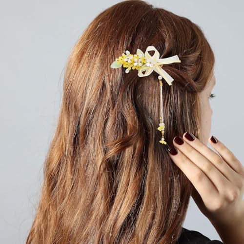 A Pair Wedding Hair Clips, Handmade Floral Design Crystal Hair Clips Pearl Barrettes, Rhinestones Flower Clips Pearl Headpieces Hair Pins Hair Accessories for Women Girls (Yellow&White) - color: Yellow&White