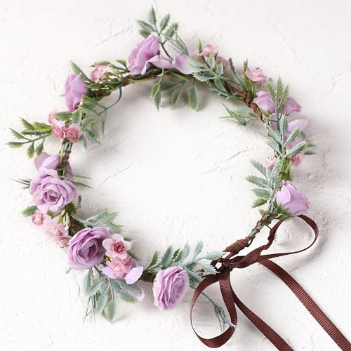 Fairy Purple Flower Crown Headband, Rose Floral Headpiece | Adjustable, Fairy Flower Crown, Women Girls, Renaissance Birthday Wedding Party Photo Props - color: Purple