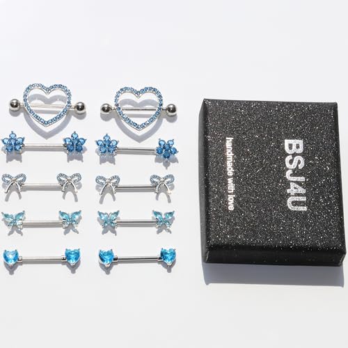 BSJ4U Nipple Piercing Jewelry 14G Stainless Steel Nipple Rings for Women Heart Butterfly Flower Bow Nipple Barbells - color: Blue CZ Nipple Piercing Jewelry