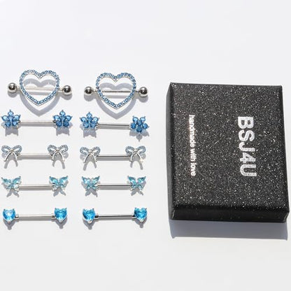 BSJ4U Nipple Piercing Jewelry 14G Stainless Steel Nipple Rings for Women Heart Butterfly Flower Bow Nipple Barbells - color: Blue CZ Nipple Piercing Jewelry