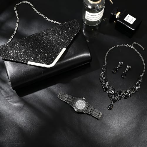 NEWITIN 5 Pieces Purse Rhinestone Jewelry Set for Women Prom Jewels Crystal Clutch Purse Watch Necklace Earrings Silver Jewelry Set for Women Bride - color: Black