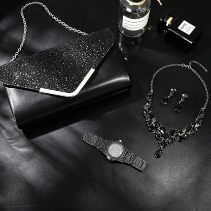 NEWITIN 5 Pieces Purse Rhinestone Jewelry Set for Women Prom Jewels Crystal Clutch Purse Watch Necklace Earrings Silver Jewelry Set for Women Bride - color: Black