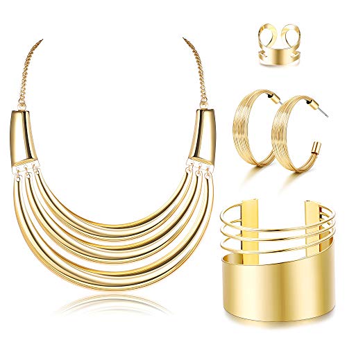 JOERICA Bib Choker Necklace Silver Gold Jewelry Set Wide Cuff Bangle Bracelet Open Hoop Earrings Adjustable Ring Chunky Silver Gold Statement Costume Jewelry Set for Women - color: Gold Tone