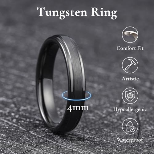 King Will Classic Tungsten Wedding Band for Men, 6/7/8/9/10mm Widths, Polished Finish Step Edge Matte Rings Comfort Fit - color: B-Black 4mm