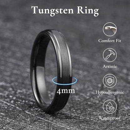 King Will Classic Tungsten Wedding Band for Men, 6/7/8/9/10mm Widths, Polished Finish Step Edge Matte Rings Comfort Fit - color: B-Black 4mm