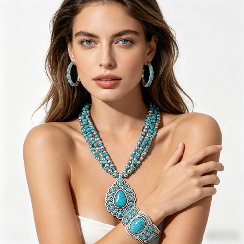 NEWITIN 4 Pieces Silver Bohemian Jewelry Set for Women Fashion Costume Jewels Turquoise Necklace Bracelet Earrings Western Turquoise Jewelry Set for Women - color: Turquoise B