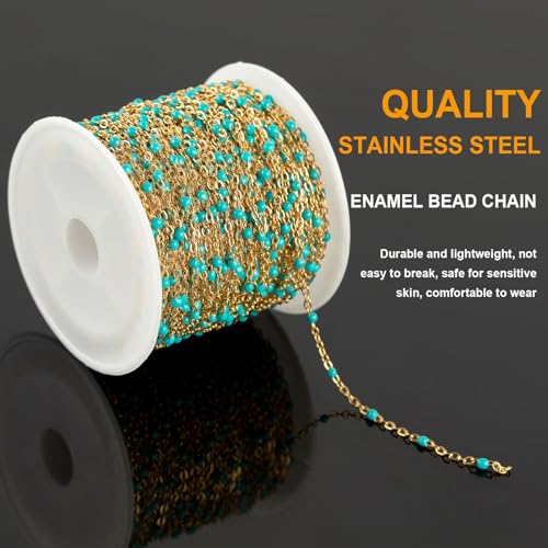 KYUNHOO 16.4 Feet Turquoise Beaded Rosary Spool Gold Plated Chains Bulk | Stainless Steel Chains for Jewelry Making Necklace Ankle Earring DIY Jewelry Findings - color: Gold-Turquoise
