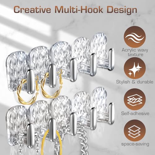 Gesodant 6 Pack Hanging Jewelry Organizer, Self-Adhesive Jewelry Hooks, Clear Wall Mounted Jewelry Hanger, Necklace Display Holder, 30 Hooks in Total