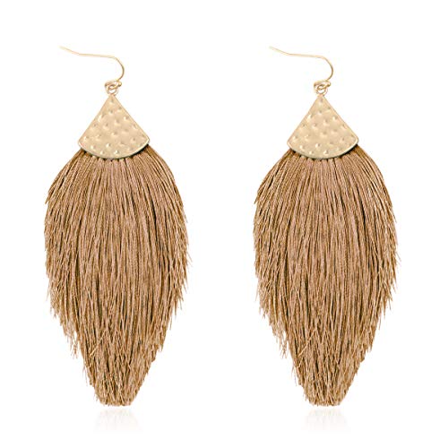 Bohemian Thread Tassel Drop Earrings - Geometric Petal Fan Fringe Feather Statement Chandelier Duster Dangles - color: Classic Tassel Chandelier - Light Brown