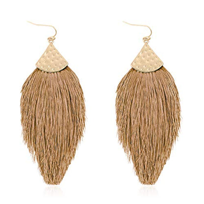 Bohemian Thread Tassel Drop Earrings - Geometric Petal Fan Fringe Feather Statement Chandelier Duster Dangles - color: Classic Tassel Chandelier - Light Brown