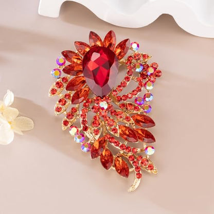 SELOVO Big Large Flower Statement Brooches Pins Scarf Decoration Gold Tone - color: red