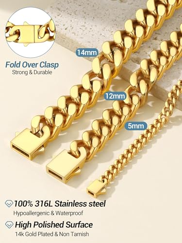 PROSTEEL Chunky Cuban Link Curb Chain Necklace for Women Men, Stainless Steel Choker Thick Trendy Statement Hip Hop Miami Cuban Chain Jewelry Gifts Unisex Size,5/12/14mm Widths,18"/20" - color: 12mm-Gold, size: 18inches