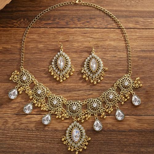 Frodete Indian Jewelry Sets for Women Traditional Bohemian Wedding Jewelry Set Indian Dresses for Women Oxidized Ethnic Party Prom Wear - color: D5:GOLD WHITE