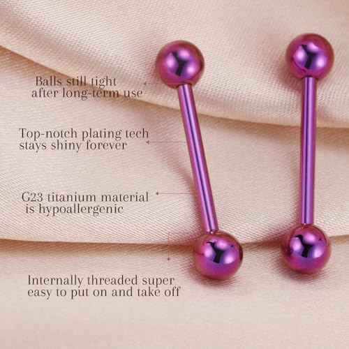 AROWRO Nipple Piercing Jewelry G23 Titanium Nipple Rings Tongue Rings Nipple Bar 14G Internally Threaded Straight Barbells Bridge Piercing Jewelry 12mm-20mm - color: Purple