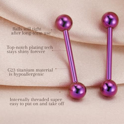 AROWRO Nipple Piercing Jewelry G23 Titanium Nipple Rings Tongue Rings Nipple Bar 14G Internally Threaded Straight Barbells Bridge Piercing Jewelry 12mm-20mm - color: Purple