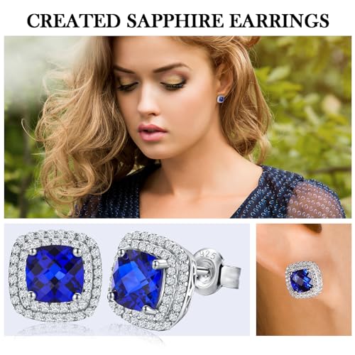 Dainty Birthstone Earrings for Women Sterling Silver Small Stud Earrings with Halo Cushion/Round Created Gemstone Earrings Birthstone Jewelry - style: A 09. Sep./created blue sapphire-cushion cut