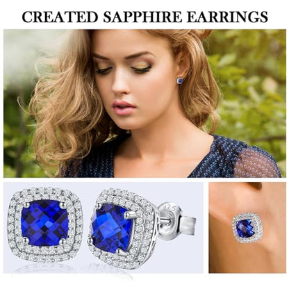 Dainty Birthstone Earrings for Women Sterling Silver Small Stud Earrings with Halo Cushion/Round Created Gemstone Earrings Birthstone Jewelry - style: A 09. Sep./created blue sapphire-cushion cut