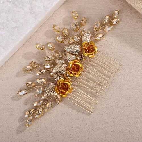 Gold Rose Flower Hair Comb with Champagne Crystal for Wedding Women Bridal Hair Accessories for Prom Speical Occasion (Champagne) - color: Champagne