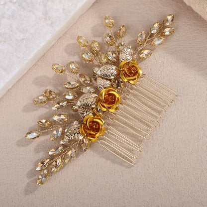 Gold Rose Flower Hair Comb with Champagne Crystal for Wedding Women Bridal Hair Accessories for Prom Speical Occasion (Champagne) - color: Champagne