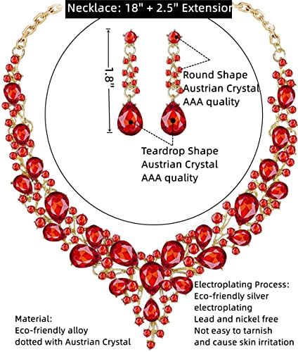 Paxuan Crystal Bridal Wedding Jewelry Sets for Women Rhinestone Teardrop Crystal Statement Choker Necklace Drop Earrings Link Bracelets Rings Teardrop Jewelry Set for Brides Bridesmaids - color: Red