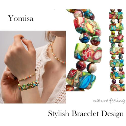 Yomisa Boho Beaded Bracelets for Women,Natural Chakra Turquoise Stone Jasper Bead Bracelet for Womens,Bohemian Handmade Stretch Beads Friendship Bracelets,Healing Trendy Western Jewelry Gifts - color: Colorful Imperial Stone Bead