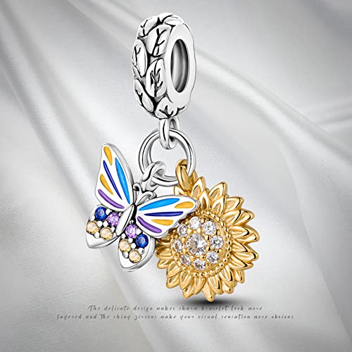 Pandach 925 Sterling Silver Charms for Bracelets and Necklaces Travel Round The World Beads Charms Relaxation Dangle Pendant,Jewelry Beads Gifts for Women - style: Butterfly Sunflower Charm